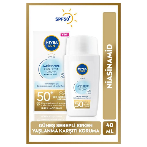 NIVEA SUN SPF50 Hafif Dokulu Güneş Koruyucu Yüz Kremi 40ml, Yüksek Güneş Koruyucu, Erken Yaşlanma Karşıtı