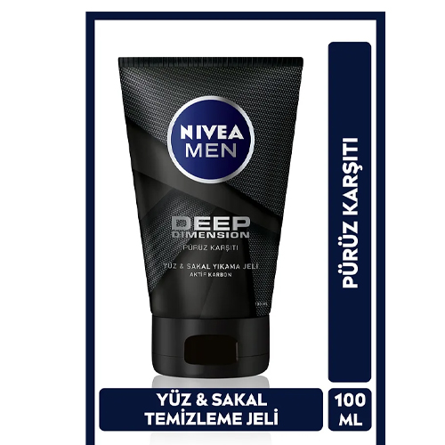 NIVEA MEN Erkek Yüz ve Sakal Temizleme Jeli Deep Dimension 100ml, Cilt Arındırıcı, Aktif Karbon