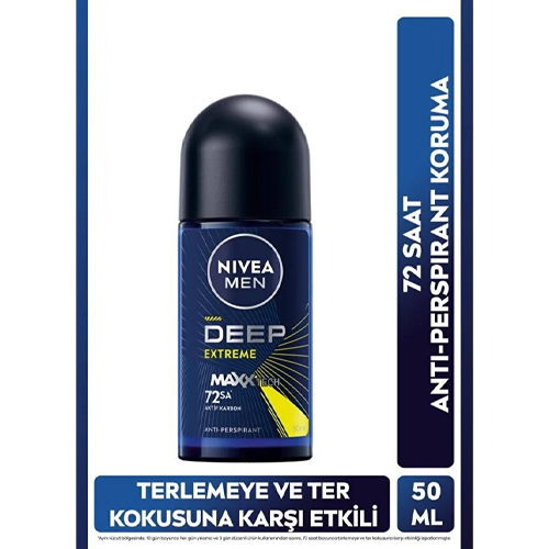 NIVEA Men Erkek Roll-on Deodorant Deep Extreme 50ml, 72 Saat Anti-perspirant Ter Koruma, Yeni Enerji