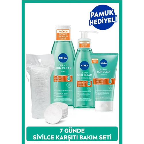 NIVEA Derma Skin Clear Karşıtı Yüz Temizleme Jeli 150ml, Tonik 200ml, Peeling 150ml, Pamuk Hediye